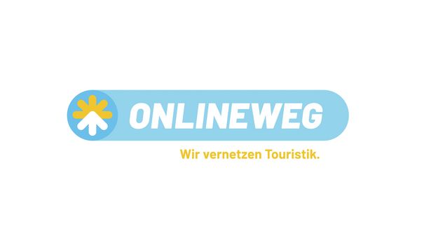 Das Logo von onlineweg: Links ist ein großer Kreis, um den eine gepunktete Linie führt. Rechts daneben steht "onlineweg" und darunter "Wir vernetzen Touristiker."
